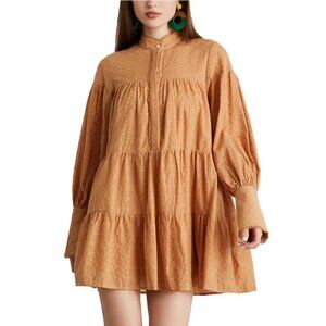 ASA Fashion Rust Orange Textured Tiered Long Sleeve Babydoll Mini Dress